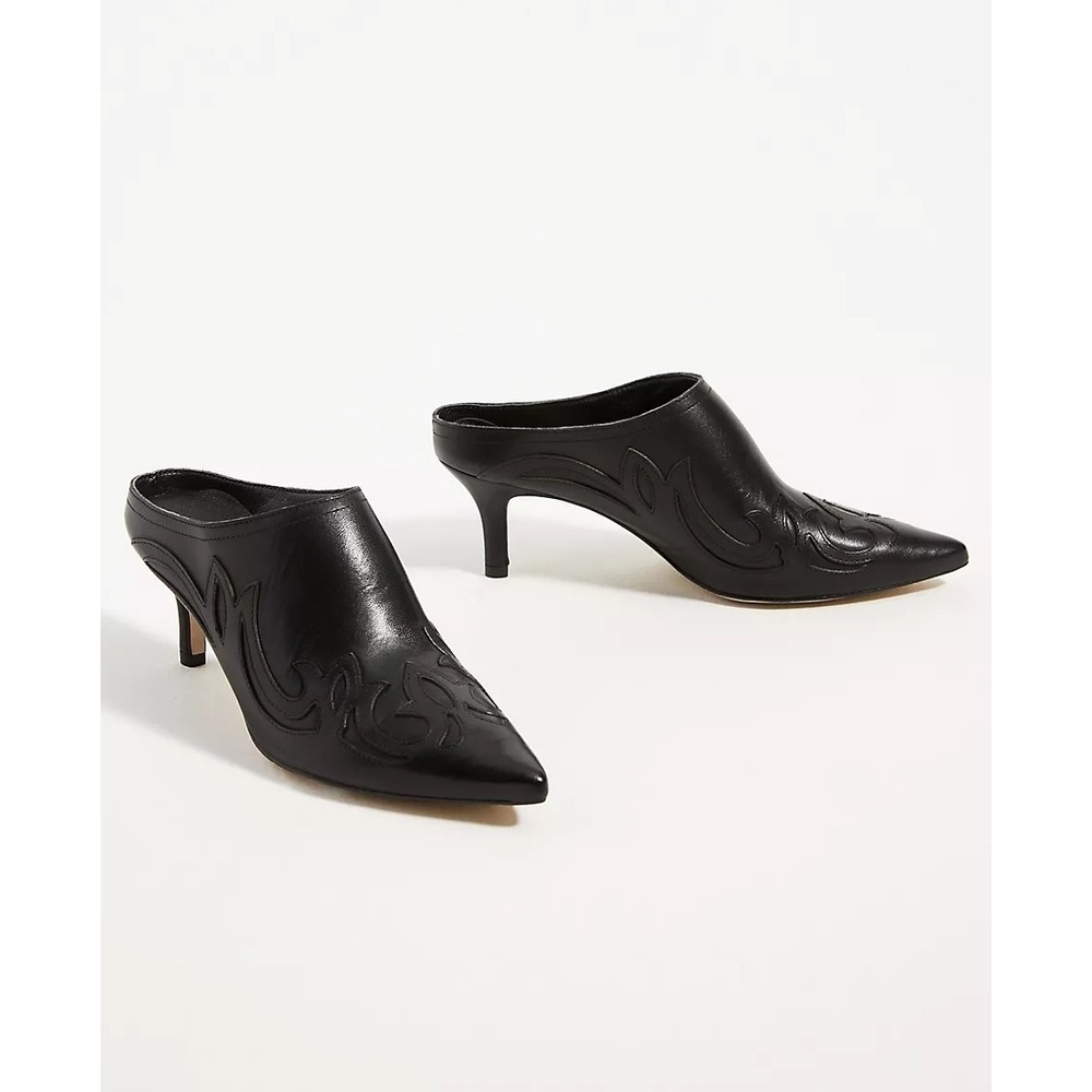 Matisse Marcell Heeled Mules Black Leather Western Flame‎ Stitching 7.5M